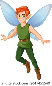 Charming vector illustration of a fairy with vibrant red hair, blue wings, and green attire. Ideal for fantasy-themed projects