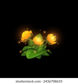 Charming vector illustration of a fantasy flower with neon yellow buds and mystical glowing particles, ideal for gaming scenes on an isolated background.