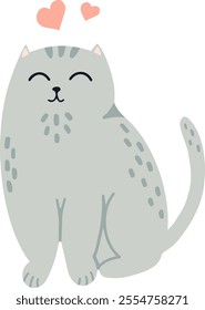 Charming vector illustration features a cute grey cat sitting contentedly, small hearts floating above its head, symbolizing love and affection in a heartwarming and adorable way