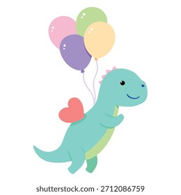 A charming vector illustration features a happy dinosaur being lifted by a vibrant cluster of balloons, with heart shapes adding a playful touch.