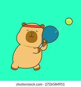 Una encantadora Ilustración vectorial con un adorable capibara jugando pádel con entusiasmo en una cancha brillante y juguetona.