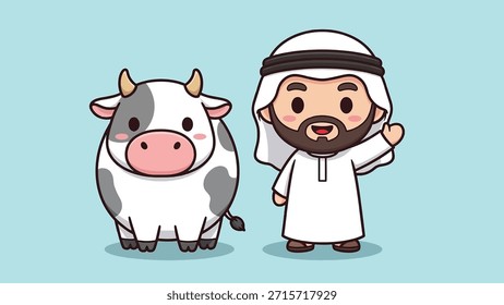 Encantadora Ilustración vectorial con un hombre árabe barbudo vestido de blanco tradicional, saludando junto a una linda vaca manchada en blanco y negro.