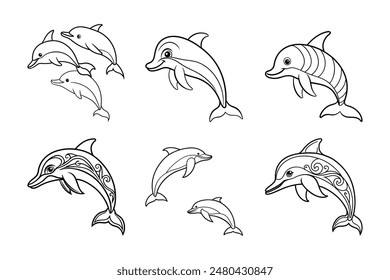 Charming vector illustration featuring a bundle of six adorable dolphin silhouettes. This versatile set captures the playful essence of these beloved marine mammals in simple, elegant outlines.