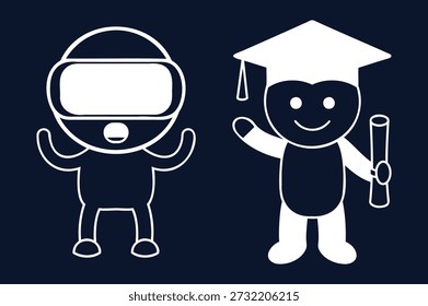 Charmosa ilustração vetorial com um astronauta alegre e um graduado com um diploma, perfeito para temas educacionais e inspirador gerações futuras.