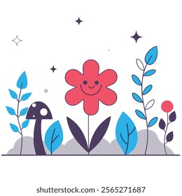 A charming vector illustration featuring a cute anthropomorphic flower character. Perfect for children's books, websites, greeting cards, and other whim