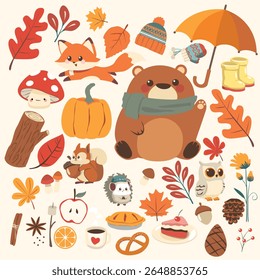 Uma encantadora ilustração vetorial com animais de outono bonitos e elementos sazonais. Inclui um urso, raposa, coruja, ouriço, esquilo, abóbora, torta, cogumelos, folhas, guarda-chuva e bebidas quentes. 