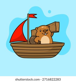 Una encantadora Ilustración vectorial con un lindo castor navegando con orgullo en un bote de madera hecho a mano a lo largo de un río tranquilo.