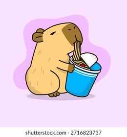 Una encantadora Ilustración vectorial con un bonito capibara disfrutando de una taza de fideos sin usar palillos.