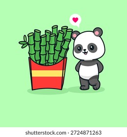 Charmosa ilustração vetorial com um panda bonito alegremente amando peças de bambu colocado dentro de uma caixa de embalagem de batatas fritas clássicas.