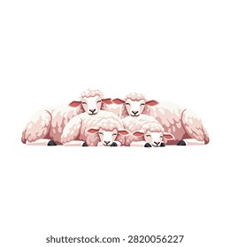 A charming vector illustration featuring a family of four fluffy sheep huddling together while sleeping. The group consists of two adult sheep and two lambs, all with peaceful expressions and closed eyes, resting on a clean white background. The soft pink and white tones emphasize a cozy and calm atmosphere, perfect for nursery or farm-themed designs.