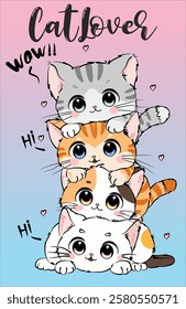 A charming vector illustration featuring four adorable cats stacked on top of each other, each with unique characteristics and expressions. The bottom cat is a fluffy, 