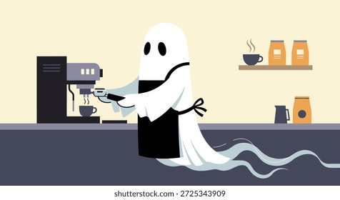 Una encantadora Ilustración vectorial con un amable barista fantasma preparando café en una cafetería. La escena es caprichosa y acogedora, perfecta para Halloween o cualquier ocasión. El diseño minimalista y