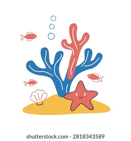 A charming vector illustration featuring a friendly smiling starfish sitting on the seabed next to vibrant blue and red corals with small fish and a shell