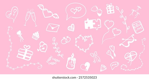 A charming vector illustration featuring hand-drawn white romantic icons on a pastel pink background.