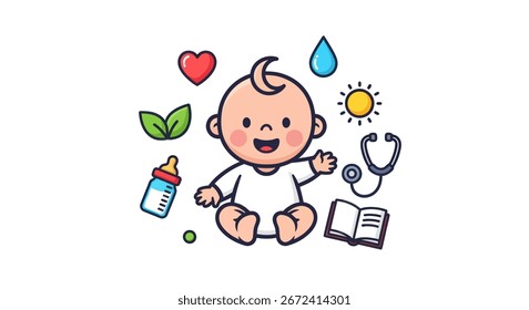 Charmosa ilustração vetorial com um bebê de desenho animado feliz cercado por símbolos de cuidado, saúde e aprendizagem. A imagem transmite uma sensação de bem-estar, com uma garrafa, um estetoscópio, um livro,