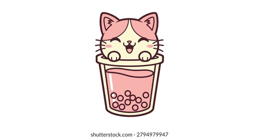 A charming vector illustration featuring a happy cartoon cat peeking out from inside a refreshing pink bubble tea drink