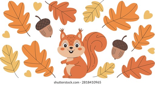 A charming vector illustration featuring a happy little squirrel surrounded by autumn oak leaves, acorns, and small hearts. Great for Thanksgiving cards, autumn nursery prints, seasonal banners, children's book illustrations, and fall decorative templates.