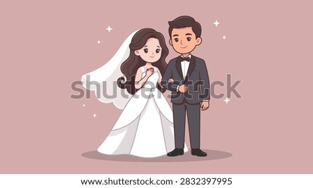 A charming vector illustration featuring a happy bride in a white wedding dress and a groom in a formal suit standing side by side in a romantic anime style.
