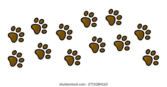 A charming vector illustration featuring a scattered pattern of brown dog paw prints with thick black outlines on a clean white background, evoking a playful and innocent canine theme.