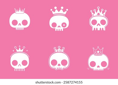 Charming vector illustration featuring six cartoon-style skulls adorned with crowns on a vibrant pink background. The artwork blends cute and gothic aesthetics, creating a playful yet edgy look.