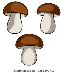 A charming vector illustration featuring three brown and beige mushrooms, each meticulously detailed with smooth gradients and subtle shading, creating a delightful and whimsical design.