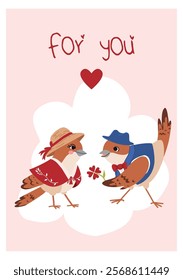 A charming vector illustration featuring two cute birds dressed in romantic outfits. The male bird offers a flower to the female, symbolizing love. Perfect for Valentine's Day cards, romantic greeting