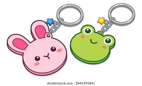 A charming vector illustration featuring two adorable animal-themed keychains. One keychain is a pink bunny with long ears and a blue star charm, while the other is a green frog with a friendly smile and a yellow star charm. Both keychains are depicted with silver metal rings on a clean white background, showcasing a cute and playful kawaii aesthetic.