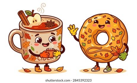 A charming vector illustration featuring two anthropomorphic autumn treats: a mug of hot apple cider and a glazed donut. The mug character is decorated with fall leaves and holds a tiny cup, while the donut character waves happily with leaf-shaped sprinkles. Both characters have cute, expressive faces and are surrounded by falling autumn leaves on a white background.