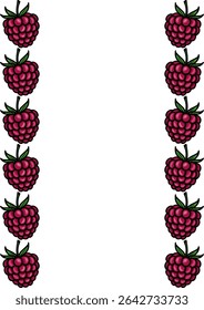 A charming vector illustration featuring a vertical border design of meticulously detailed raspberries, perfect for adding a touch of summer sweetness to your projects.