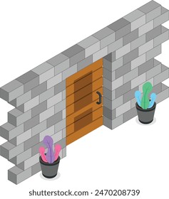 Una Ilustración vectorial encantadora con una pared de ladrillo curtido con una puerta de madera y una colección de plantas en macetas.