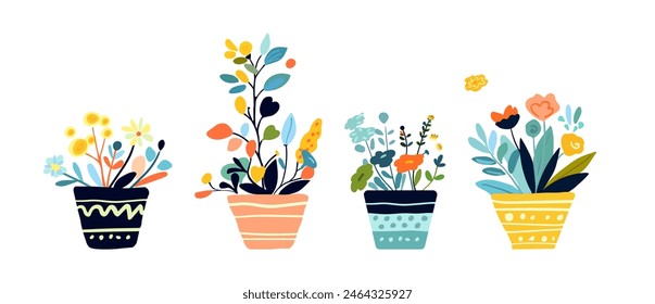 Charming vector illustration featuring whimsical potted plants and flowers in bright, vibrant colors. Perfect for spring designs, greeting cards, and home decor. Captures a fresh and playful vibe.