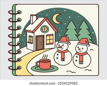 A charming vector illustration of a festive Christmas scene set within the pages of an open journal. A cozy snow-covered cottage with twinkling lights and a festive wreath sits in the foreground. 