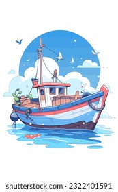 A charming vector illustration of a fishing boat on calm waters