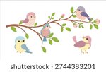 A charming vector illustration of five colorful pastel birds perched on a budding tree branch with pink flowers. Perfect for nursery decor, spring designs, and greeting cards.