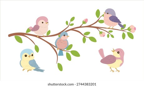 A charming vector illustration of five colorful pastel birds perched on a budding tree branch with pink flowers. Perfect for nursery decor, spring designs, and greeting cards.