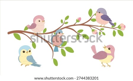 A charming vector illustration of five colorful pastel birds perched on a budding tree branch with pink flowers. Perfect for nursery decor, spring designs, and greeting cards.