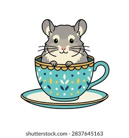 A charming vector illustration of a fluffy chinchilla resting inside a colorful patterned teacup.
