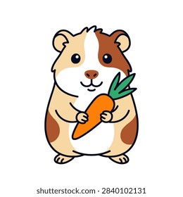 A charming vector illustration of a fluffy guinea pig happily holding a fresh orange carrot.
