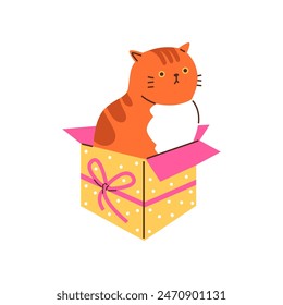 Charming vector illustration of a fluffy orange cat sitting comfortably in a cardboard box, adorned with a pink bow, creating a cozy scene of pet relaxation.
