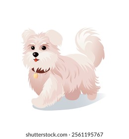 A charming vector illustration of a fluffy white dog with a wagging tail and a collar featuring a small golden tag. This clean, modern artwork is perfect for themes such as pets, animals, happiness