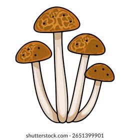 A charming vector illustration of four brown honey agarics mushrooms with unique speckled caps and slender stems, clustered together against a white background.