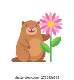 Ilustração de vetor encantador de um personagem amendoim marrom amigável sorrindo e segurando uma flor rosa brilhante como margarida, perfeito para temas de primavera e natureza.