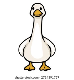 Um vetor encantador ilustração de um ganso amigável com um corpo branco, olhos pretos, e um bico laranja, de pé em teias amarelas pés contra um fundo branco.