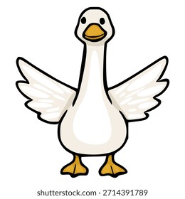 Encantadora Ilustración vectorial de un ganso amigable con alas extendidas, con un diseño simple y limpio y una expresión lúdica.