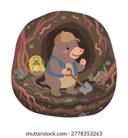 A charming vector illustration of a friendly mole character wearing a vest and hat while busily digging through the earth. The detailed scene captures a hidden underground world filled with roots, worms, and a glowing lantern, perfect for educational materials, children's books, or gardening themes.