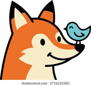 Eine charmante Vektorgrafik eines freundlichen Orangenfuchses mit einem kleinen blauen Vogel auf der Nase. Perfekt für Kinderdesigns, Aufkleber, Schulungskits und Logos.

