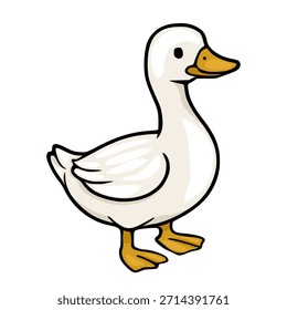 Charmosa ilustração vetorial de um ganso branco amigável com bico amarelo e pés, de pé e olhando para a direita, isolado no fundo branco.