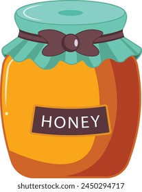 A charming vector illustration of a glass jar filled with golden honey, tied with a red ribbon.