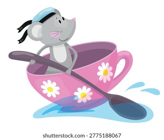 A charming vector illustration of a gray mouse with a bow sailing in a pink teacup boat with a spoon.