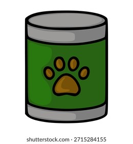 Una encantadora Ilustración vectorial de una lata verde de comida para mascotas con un emblema prominente de impresión de pata marrón, sobre un fondo blanco limpio, perfecto para la marca y el diseño relacionados con las mascotas.